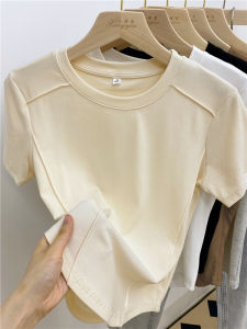 American Style Slim Fit Short Sleeve T-Shirt Womens Summer Design Unique Tightening Irregular Small Top Youth Floral Print round Neck Short Length