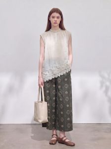 GULILI | Sleeveless Linen Lace Printed Wide Leg Pants Suit