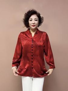 Spring Summer New Style Silk Shirt for Middle-Aged And Elderly Mothers Embroidered Large Size Slimming Mid-Sleeve Overhead Top