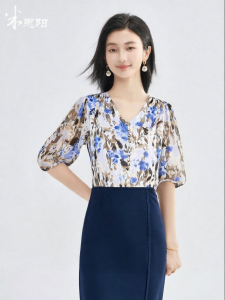 Misoshine | Elegant V-neck Floral Print Puff Sleeve Ladies Shirt