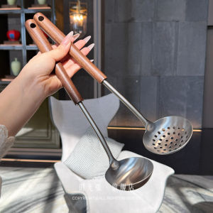 Large Size 304 Stainless Steel Kitchen Utensil Set with Black Walnut Wood Handle Soup Spoon Anti-Scalding for Home Use