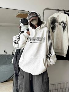 Loose American Style Three Bar Hoodie Teenagers Versatile Autumn Winter Trendy Brand New Couple Outerwear Casual Printed Cotton Sweatshirt