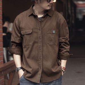 เสื้อเชิ้ตแขนยาวสไตล์อเมริกันสำหรับผู้ชายชุดทำงานย้อนยุคแบรนด์ยอดนิยมสำหรับฤดูใบไม้ผลิและฤดูใบไม้ร่วงชุดล่าสัตว์ผ้าฝ้ายแท้เสื้อเชิ้ตลำลองทรงหลวมเสื้อคลุมเสื้อตัวบนผู้ชาย