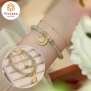 Viviann Original Hetian Jade Rabbit Bracelet Silver 18k Gold-plated Moon Rabbit Double layer Chinese Style New Year Gifts Jade Beads Green Jade Chalcedony Bracelet For women