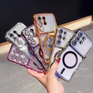 Luxury Bling Glitter Diamond Phone Case For Samsung Galaxy S25 24 S26 Ultra Plus For Magsafe Magnetic Lens Film Protection Cover
