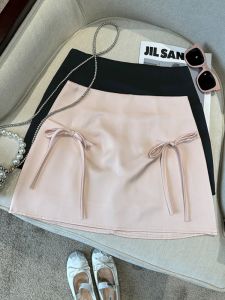 GUZILIAN | French Pink Bowknot High Waist A-Line Mini Skirt Womens Summer Design Sensual Short Skirt Feminine Style Young Crowd