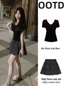 ZUKUN | Black Floral Chiffon A-Line Short Skirt Set