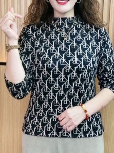 Áo Thun Dài Tay Rộng Rãi Cổ Cao Thời Trang Mẹ Mùa Thu Mới Áo Thun Cotton Thường Ngày in Họa Tiết Hình Học