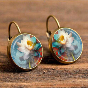 Vintage Green Peacock Feather Earrings For Women Bronze Plated Glass Dome Cabochon Earrings Jewelry