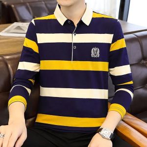 Pure Cotton Long Sleeve Polo Shirt Mens Simple Striped Business Casual Slim Fit T-Shirt Autumn Winter Clearance Sale