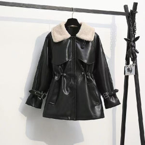 QIAOXIZI | Faux Fur Collar Jacket PU Leather Coat Womens Plus Size Winter Warm Fashion Outerwear