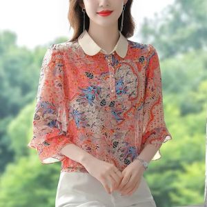 Floral Print Chiffon Shirt Womens Spring Summer New Style Korean Fashionable Versatile Short Sleeve Polo Collar Loose Fit Shirt