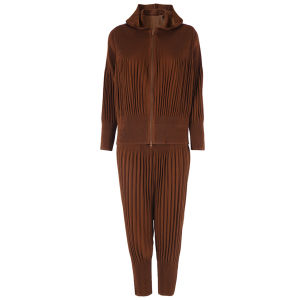 Pleated Casual Set Womens Hooded Cardigan Zipper Coat and High Waist Pleated Cropped Harem Pants Two-Piece Set #20240915