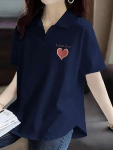 Pure Cotton Short Sleeve Polo Neck T-Shirt Womens Loose Fit Summer New Style Casual Versatile Mommy Wear Comfortable Cotton Top