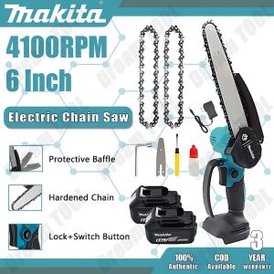 Cordless 6 Inch Electric Chainsaw Pruning Chain Saw Wood Cutter Power Tools With 2 Batteries