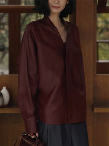 QINGNAER | Elegant Stylish New Autumn Oversized Wine Red V-neck Slimming Shirt