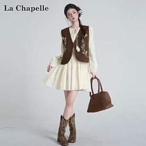 La Chapelle | French Style Embroidery Lace-up Sleeveless Vest Long Sleeve Dress Set