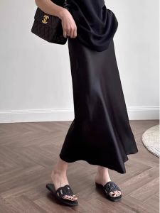 New French Design Summer Womens Half Skirt Black Acetate Satin Hugging Hip