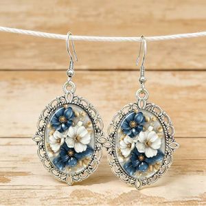Vintage Oval Flower Glass Cabochon Earrings For Women Blue White Floral Drop Earrings Jewelry Gifts