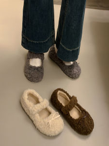 Fairy Tale Style Womens Slippers Mary Jane Shoes with Butterfly Knots Fleece Lined Warm Cotton Shoes for Outdoor Wear
