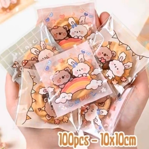 100pcs 10x10 Cm Rainbow Bear Friends Cookie Bag Candy Cookie Plastic Pastry Bag Packaging