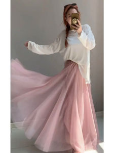 Váy Lưới Dài Nửa Thân Mềm Mại Mùa Xuân Hè 20 Mảnh Váy Chữ a Cạp Cao Bằng Polyester Pha Trộn Váy Dài Vừa Phải Màu Trơn