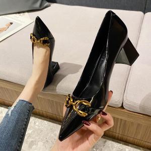 Professional Womens High Heels Metal Buckle Work Shoes Spring Autumn New Style Sharp Pointed Toe Chunky Heel Fashionable