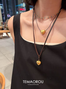 Brown Leather Rope DIY Western Cowboy Long Sweater Chain Pendant Necklace Heavy Gold Heart Pendant Fashion Jewelry Accessory