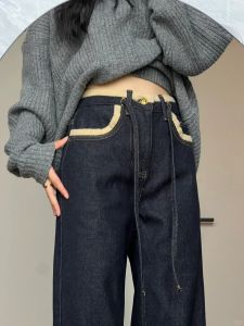 High Waist Fleece Lined Loose Warm Deep Blue Denim Pants Straight Leg Long Trousers Trendy Winter Casual High Waist Jeans