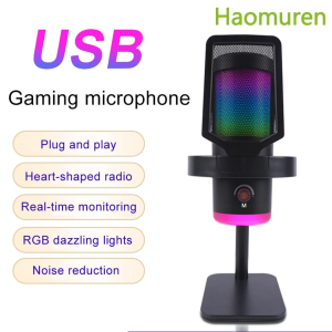 Haomuren USB RGB condenser microphone Tap-to-Mute cancel noise  Headphone Jack Montoring Control for Recording Streaming Gaming