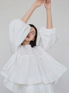 YuanYin Lazy Minimalist White French Bubble Sleeve Chic Top Unique Cold Tone Small Audience Premium Cotton Long Sleeve Shirt