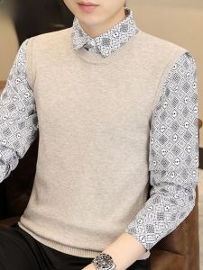 HENGYUANXIANG | Hengyuanxiang Mens Knitted Shirt Collar Sweater Fake Two-Piece Style Autumn Collection Slim Fit Long Sleeve Casual Top