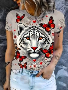 Womens Tee - Snow Leopard & Red Butterfly Graphic Elegant Animal Love Design for Casual Daily Wear