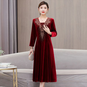 Elegant Red Velvet Wedding Dress for Mother of the Bride Autumn New Arrival High Waist A-Line Skirt Diamond Embellished Gown