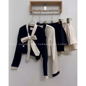 [KHÔNG KÈM BELT] Set đồ nữ đi chơi S.162 Set áo thắt nơ mix quần váy xếp ly tiểu thư - Shop Chấm Bi