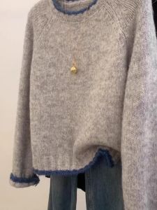 Gray Short Knitted Sweater Womens Autumn Winter Thickened Base Layer Top Korean Style Loose Fit Long Sleeve Crew Neck