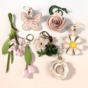 Pink PU Leather Flower Keychain Set for Bag Charm-Handmade Floral Pendant Keyring Accessories for Purse-Daily Mood Booster/Gift
