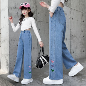 Quần Jeans Denim Nữ Trẻ Phong Cách Xuân Thu Quần Ống Rộng Thời Trang Cạp Thẳng Cho Bé Gái Dáng Rộng Thường Ngày