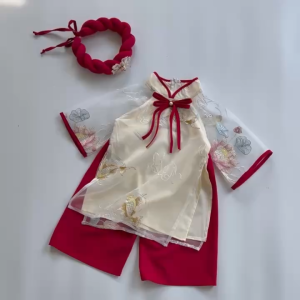 AD46 Bộ áo dài cách tân Ngư Liên Hoa tơ thêu hồng đỏ cho bé gái sơ sinh chơi Lễ Tết du xuân RIOKIDS
