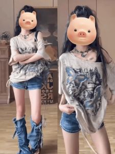 plus Size American Hip Hop Retro Heavyweight Butterfly Patchwork T-Shirt Loose Short Sleeve Shoulder Bared Top Casual Commute Style