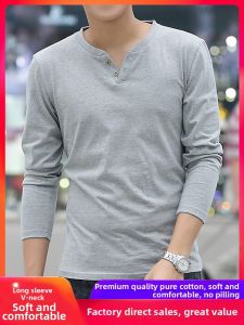 AKT | Spring and Summer Long Sleeve Buttoned V-Neck T-Shirt Cotton Slim Fit 1