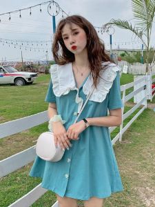 ชุดเดรสแขนสั้นคอปกสีน้ำเงินสไตล์ฝรั่งเศสสำหรับฤดูร้อนปี 2025 ดีไซน์ใหม่ ชุดเดรสผู้หญิงเอวเข้ารูป แขนสั้น ชุดเดรสแฟชั่นฤดูร้อน