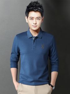 ROMON | Long Sleeve Polo Shirt Casual Business Style For Dad Mens Cotton Polyester Blend Spring Autumn Fashion Top Quality T-Shirt