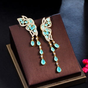 SEQUITO Vivid Inlaid Frosted Light Green Cubic Zircon Stone Gold Plated Butterfly Tassel Symmetric Long Hanging Earrings Ladies Costume Jewelry for Beach Party SE648