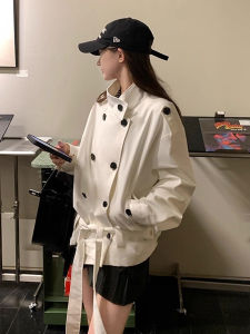 CHOUXIE | Chic Design Belted Waist Stand Collar Double-Breasted White Short Trench Coat