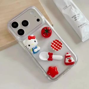 Cute Cartoon 3D Tomato Hello Kitty Phone Case For iPhone 17 16 15 14 13 12 11 Pro Max Plus Air Transparent Soft Shockproof Cover