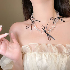 Transparent Heart Crystal String Beads Necklace for Women 2024 New Arrival Bows Clavicle Chain Niche Style Necklace Choker Fashion
