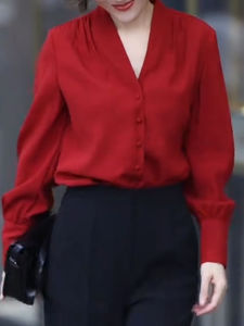 UYFY | Red V-Neck Loose Slimming Casual Youthful Long Sleeve Shirt