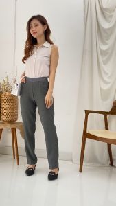 Celana Dibihi Kerja Wanita Formal Kantor Bahan Panjang Pinggang Karet Import