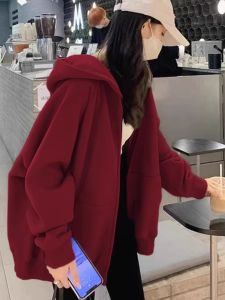 เสื้อสเวตเตอร์มีฮู้ดแบบมีซิปหลวมๆ สำหรับผู้หญิง สีแดง ทรงหลวม แขนยาว ปกติ ฤดูใบไม้ผลิ ฤดูใบไม้ร่วง ฤดูหนาว เสื้อคลุมกันหนาวแบบสวมหัว
